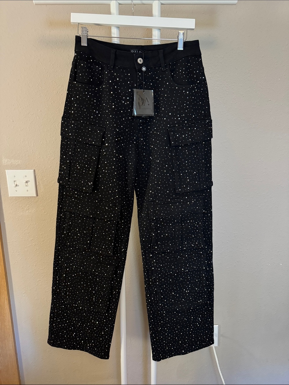 Balboa, Black Rhinestone Cargo Pants NWT M